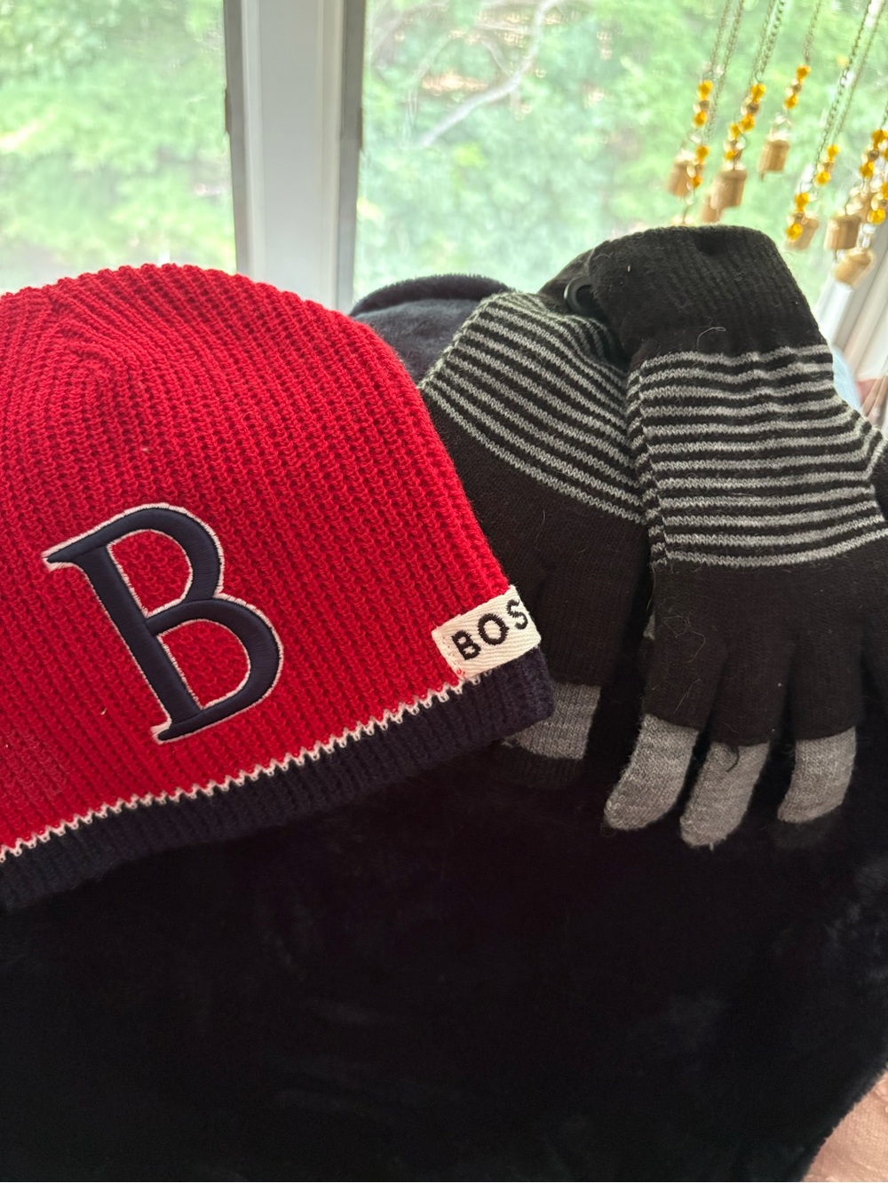 BOS Kids Red Knit Beanie with Black-Gray Stripe Gloves